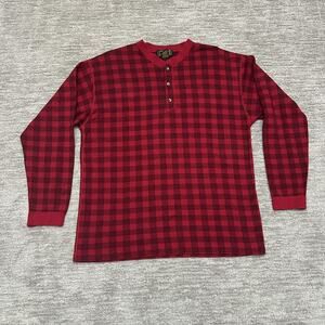 Vintage Eddie Bauer Shirt Mens Large Red Plaid Long Sleeve Henley Made USA 90s